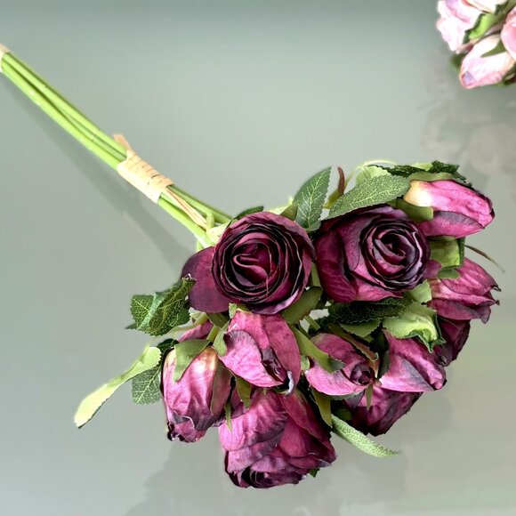 13 1/4" Red Purple 12 Bud Faux Artificial Roses Rosebuds Flower Bundle Bouquet - Picture 3 of 5